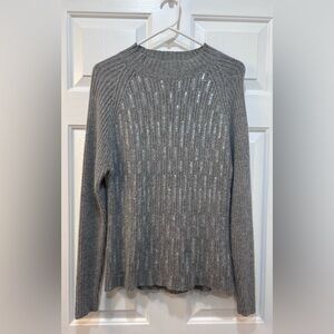 Women's Silk Angora Blend Mock Neck Sweater Ribbed Gray w/ Sequins Size L